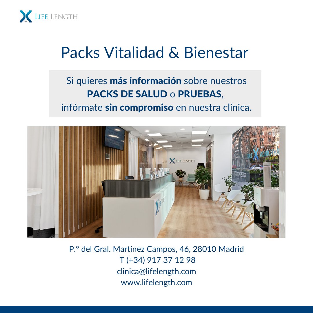 El Pack de Salud Vitalidad y Bienestar Hombre que te ofrecemos aúna las pruebas más completas para detectar y prevenir enfermedades asociadas a la edad y el envejecimiento. 

Infórmate en nuestra clínica, mandando un email a clinica@lifelength.com o llamando al (+34) 91 737 12 98