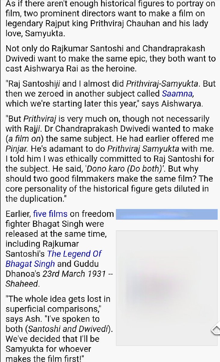 BibaswanM's tweet photo. #InformativeTweet for Only Ash fans.
#PrithvirajChauhan was first offered to #AishwaryaRaiBachchan for Samyukta role by Dr Chandra Prakash Diwedi
And She was the only choice.
Even Rajkumar Santoshi also wanted her for same subject. https://t.co/9clr3tkfI6