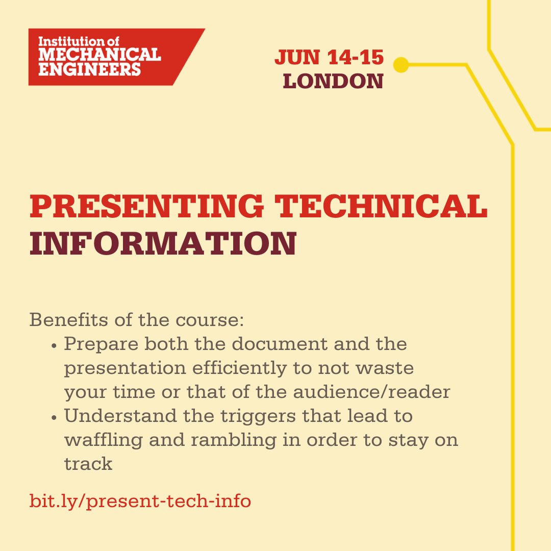 IMechE's tweet photo. Our presenting technical information course will teach you to communicate complex technical information effectively to any audience, in both the written form and by formal and informal presentations.
๐
14-15 June
๐ https://t.co/Rro7SqXWKz
#imechelearning #technicalinformation https://t.co/Igj0Ja1Jl7