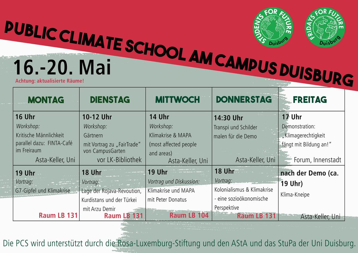 📢Achtung Raumänderungen!

Nächste Woche geht die Public Climate School in Duisburg los!

Wir freuen uns auf euch🔥
<a href="/fff_duisburg/">Fridays For Future Duisburg</a>