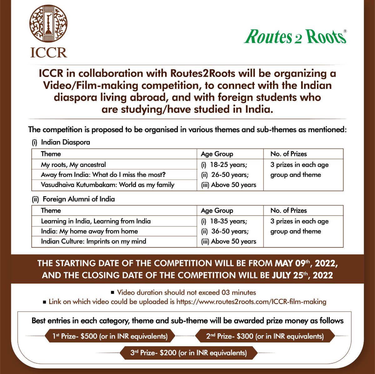 iccr_hq's tweet photo. #ICCR in collaboration with Routes2Roots will be organizing a Video/Film-making competition, to connect with the Indian diaspora living abroad, and with foreign students who are studying/have studied in India.
Check the link for more details: https://t.co/juoX7Bp3F4
#competition https://t.co/rZemxxvuHT