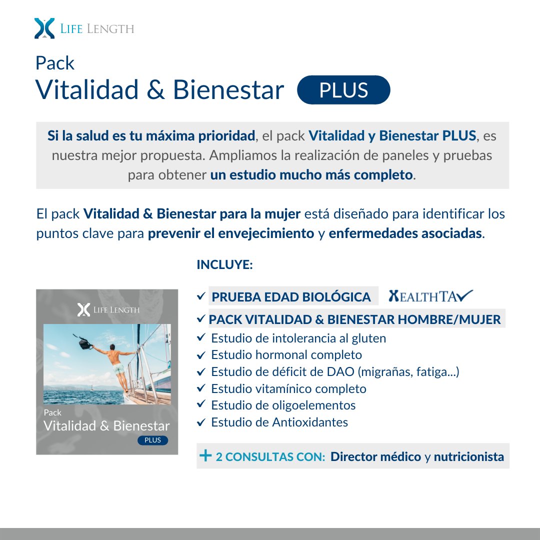 LifeLength's tweet photo. Si tu salud es tu máxima prioridad Pack de Salud Vitalidad y Bienestar Plus de Life Length es nuestra mejor propuesta, ya que ampliamos el Pack vitalidad y Bienestar Hombre/Mujer con más paneles y pruebas para tener un estudio más completo de tu salud.

Infórmate sin compromiso. https://t.co/MPrDtd6y48