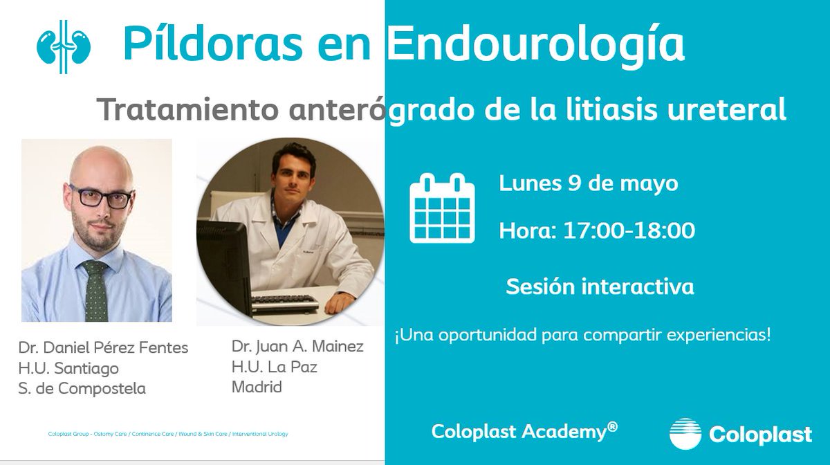EspanaIu's tweet photo. 📢¡Continuamos con el programa #PíldorasEnEndourología!
👉Hoy tendremos la oportunidad de repasar los pasos a seguir para el tratamiento anterógrado de la #litiasis ureteral, en una sesión interactiva con @dperfen y @DrMainez
#ColoplastSolutions #UroSoMe https://t.co/CZdf1NivhK