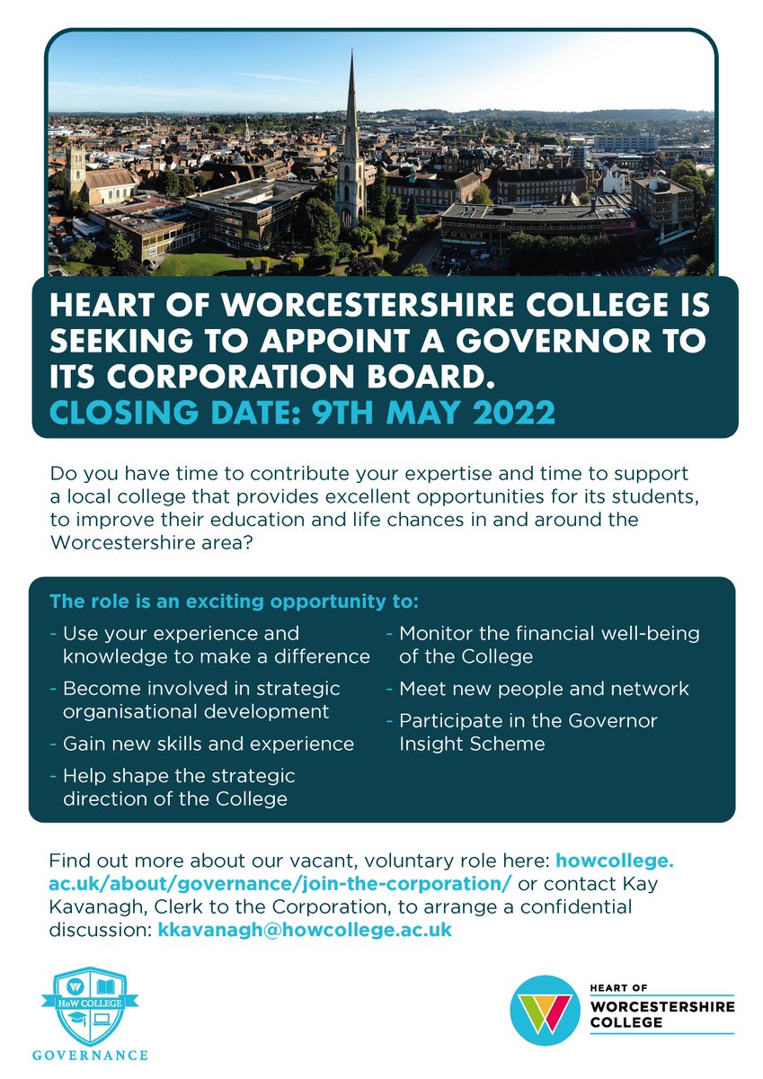 WorcesterBID's tweet photo. Do you want to contribute your expertise and time to support a local college? @HOW_College is seeking to appoint a governor to its Corporation Board.
Apply today!
Applications close on the 9th of May 2022
#makeitworc #howcollege #worcestershirehour https://t.co/MMv3LGC7tf