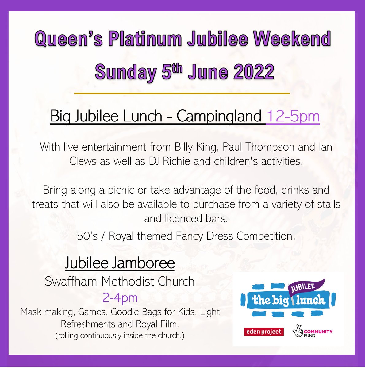 swaffhamevents's tweet photo. The Swaffham Jubilee Celebration weekend schedule has landed. Lots of exciting events for all the family to enjoy, please join us from Thursday 2nd June 2022, to celebrate Her Majesty's Platinum Jubilee.
#Swaffham #Jubilee #JubileeEvents #platinumjubilee https://t.co/RJzqN5UDeE