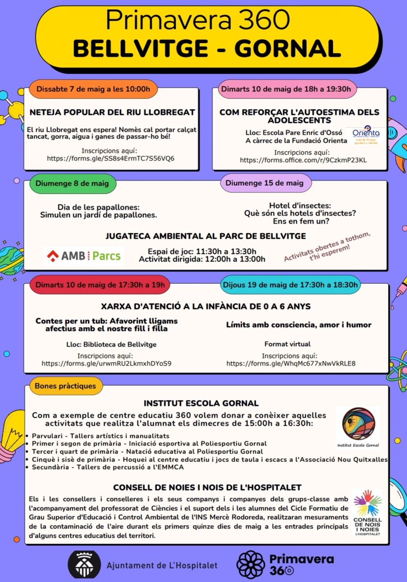 FET_Bellvitge's tweet photo. #Primavera360
Des de @educacio360 es proposen aquestes activitats de les que @FET_Bellvitge en forma part.
Mireu-les, reviseu la logística...i no us les deixeu passar 😉
➕info: https://t.co/S2Z7Od4kPh
#ProtagonistesAmbTu
#Bellvitge #ElGornal
#CosesBonesDeLH https://t.co/881mLV3JuF