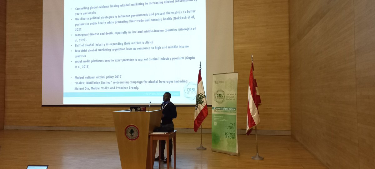 Amazing opportunity for our MPH student Isaac Phiri <a href="/IsaacKamera/">Isaac Phiri</a> participating as a speaker <a href="/CRSLAUB/">Kamal A. Shair Central Research Science Laboratory</a> 6th Research Conference <a href="/fas_aub/">Faculty of Arts and Sciences at AUB</a>  <a href="/AUB_Lebanon/">American University of Beirut</a> &amp; talking about his study "Social media &amp; the marketing of alcohol beverages in Malawi: regulatory policy &amp; implementation"
<a href="/AUBMCF/">AUB - Mastercard Foundation Scholars Program</a>