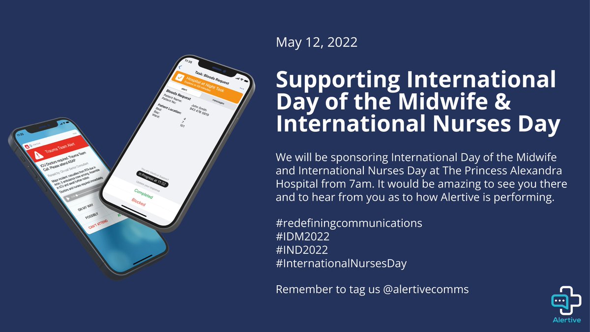 AlertiveLtd's tweet photo. We are really looking forward to being at @NHSHarlow on Thursday to support International Day of the Midwife &amp; International Nurses Day. We will be in the canteen from 7am, come and say hi! 

#IDM2022 #IND2022 #redefiningcommunications https://t.co/Jvt797oUux