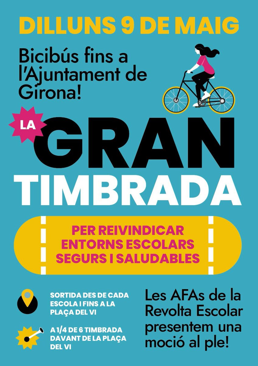 TriBici's tweet photo. Avui @RevoltaEscolaGi presenta moció al Ple de l'ajuntament de @girona_cat en favor entorns escolars saludables i pacificats. Per donar suport, tothom a la #GranTimbrada a 1/4 de 18h a la plaça del Vi 💪 https://t.co/31P0OwDrGh