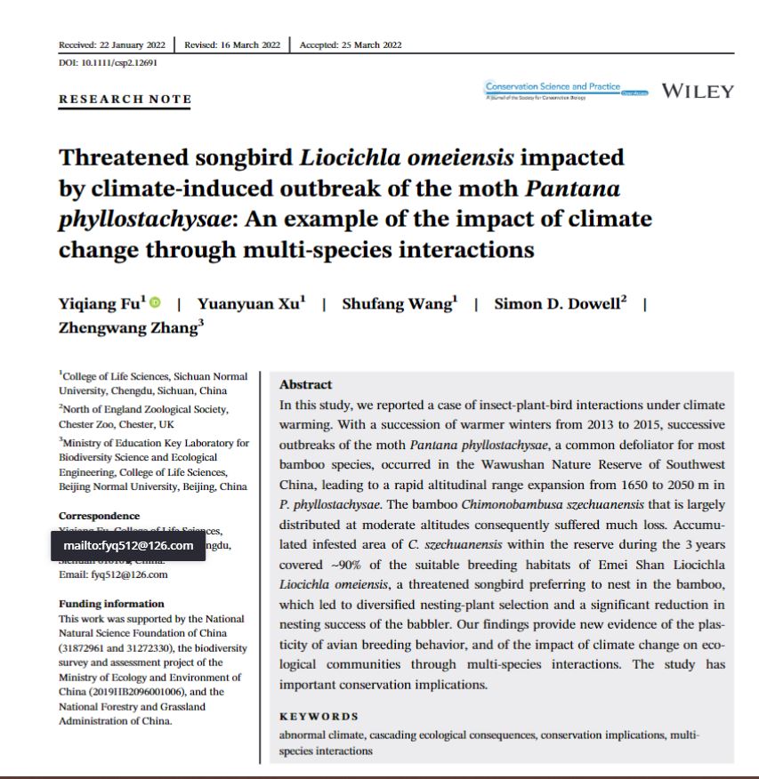 Climate warming in SW China allowed a 400m altitude expansion for a bamboo defoliating moth, with negative consequences for the threatened Emei Shan liocichla, an endemic songbird facing nest site loss across 90% of its range.

Open access publication 👇
chesterzoo.org/what-we-do/pub…