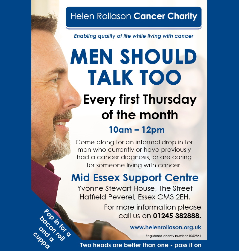 Did you know <a href="/HelenRollasonCC/">Helen Rollason Cancer Charity</a> run a Men's Group once a month.  Meetings are held every first Thursday of the Month at their centre in Hatfield Peverel. They want to encourage more men to access counselling, complementary therapy and support groups. 
tinyurl.com/5xmvznnb