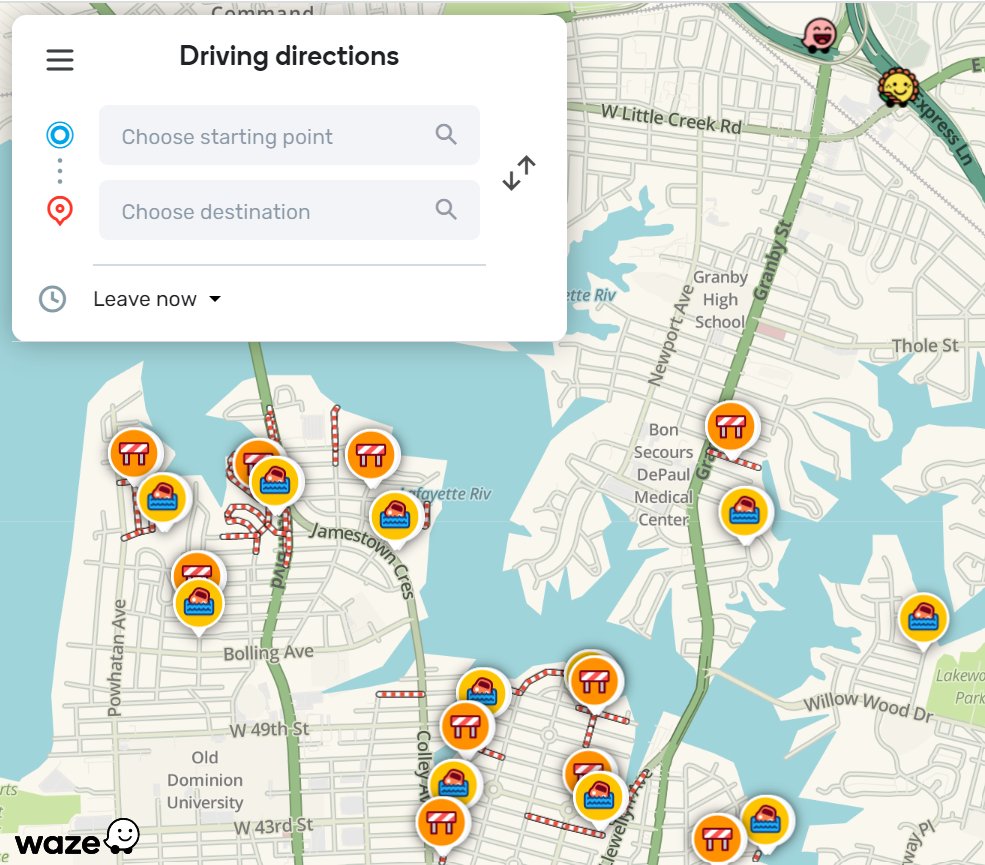 FloodMapp's tweet photo. Stay safe @NorfolkVA and download the @Waze app. Thanks to @RiseResilience, our real-time flood prediction technology will mark flood hazards and road closures in @waze to help drivers navigate around flooded roads.  We're here to help! #flooding #turnarounddontdrown https://t.co/mllMCGROjg
