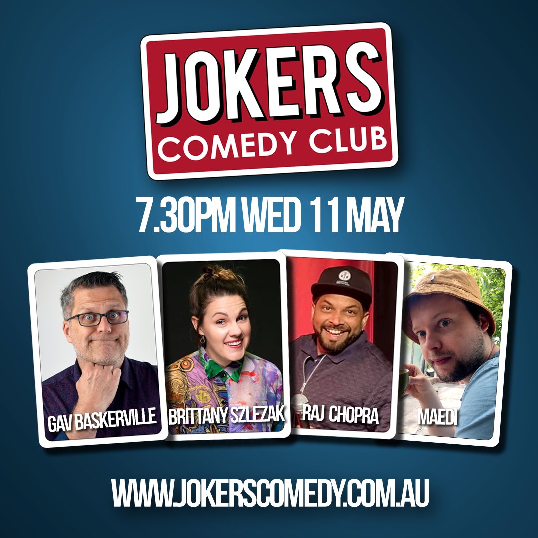 Jokers_Hobart's tweet photo. LIVE COMEDY IN #Hobart #Tasmania this week!
WED @Jokers_Hobart : @GBaskerville @BrittanySzlezak Raj Chopra and Maedi.
FRI @WrestPointTas : Chris Franklin, Russell Redmond, Samwise Hemmings
BOOK NOW! https://t.co/bDd21spH3C https://t.co/axhh46ZQUw