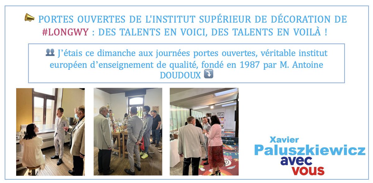 FebvayAlexandre's tweet photo. Xavier Paluszkiewicz
￼ 📣 PORTES OUVERTES DE L'INSTITUT SUPÉRIEUR DE DÉCORATION DE #LONGWY : DES TALENTS EN VOICI, DES TALENTS EN VOILÀ ! ￼ 👥 https://t.co/0KOpUJy4jY