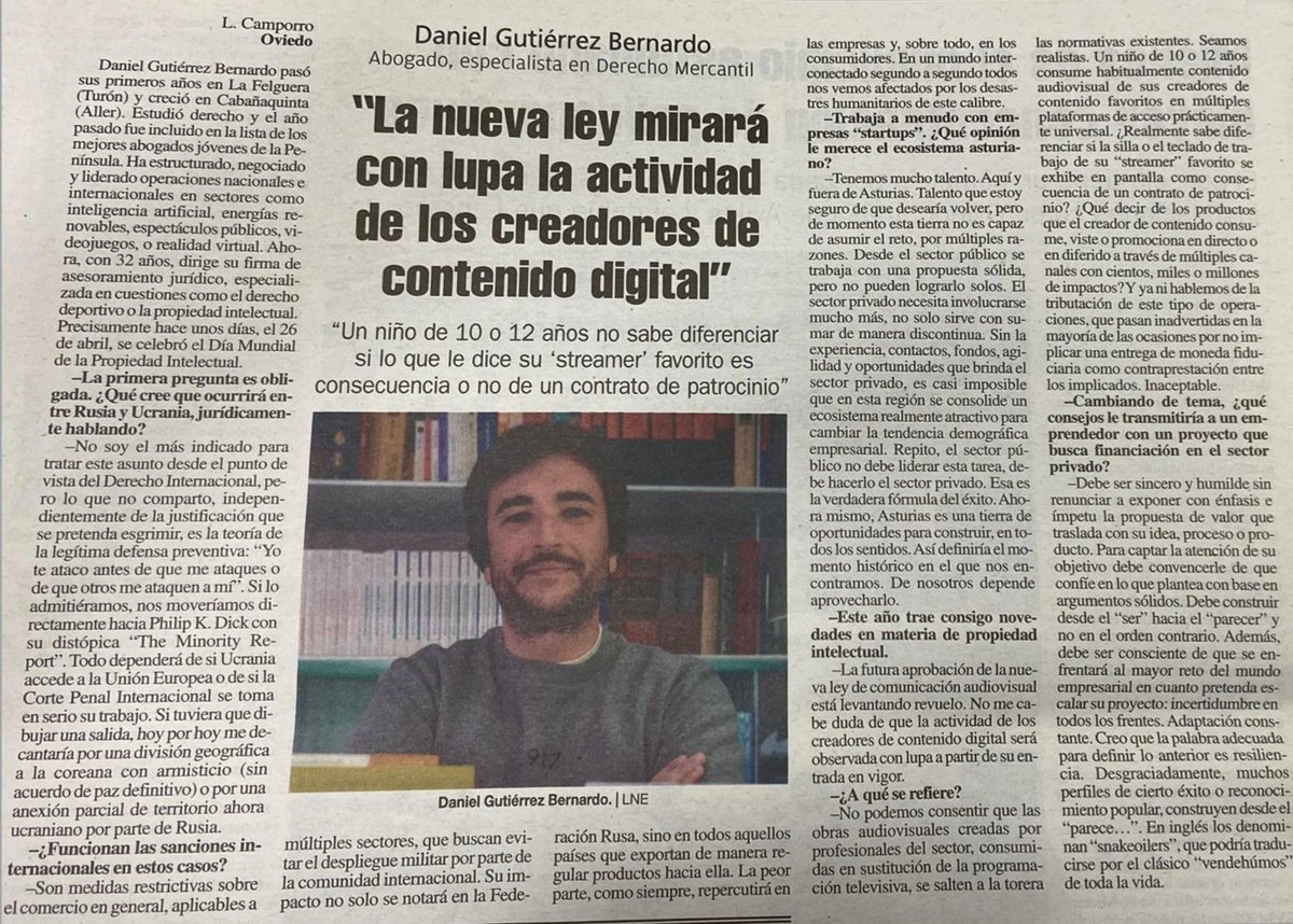 JaviSENSUM's tweet photo. Gran entrevista a @daniiguti13 en @lanuevaespana donde destaco tres respuestas fundamentales: el networking es crítico en los negocios, aléjate de los vende humos... y PROTEGE tu activo más importante, el intelectual y el intangible https://t.co/tjUraT7MjL