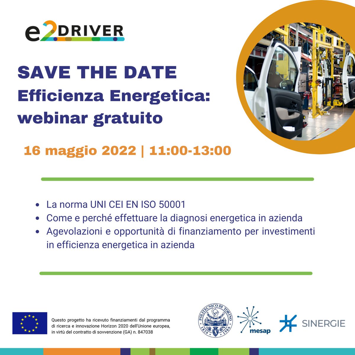 Sinergie (@sinergie_net) on Twitter photo Lunedì 16/05 dalle 11:00 alle 13:00 Sinergie e <a href="/mesapcluster/">mesapcluster</a> organizzano un webinar sulle opportunità di #efficienzaenergetica per le aziende. Evento organizzato nell'ambito del progetto <a href="/E2DRIVERproject/">E2DRIVER H2020 PROJECT</a> . Registrati qui: bit.ly/3Fqyvcm Lunedì 16/05 dalle 11:00 alle 13:00 Sinergie e <a href="/mesapcluster/">mesapcluster</a> organizzano un webinar sulle opportunità di #efficienzaenergetica per le aziende. Evento organizzato nell'ambito del progetto <a href="/E2DRIVERproject/">E2DRIVER H2020 PROJECT</a> . Registrati qui: bit.ly/3Fqyvcm