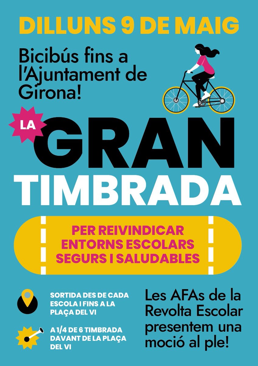 RevoltaEscolaGi's tweet photo. Bon dia, gironins! Aquesta tarda presentem la moció al Ple de l'ajuntament. Ens acompanyeu a fer xivarri? A les 17.15h a la plaça del Vi amb la vostra 🚲 #RevoltaEscolar https://t.co/a1HPRvZ5ph