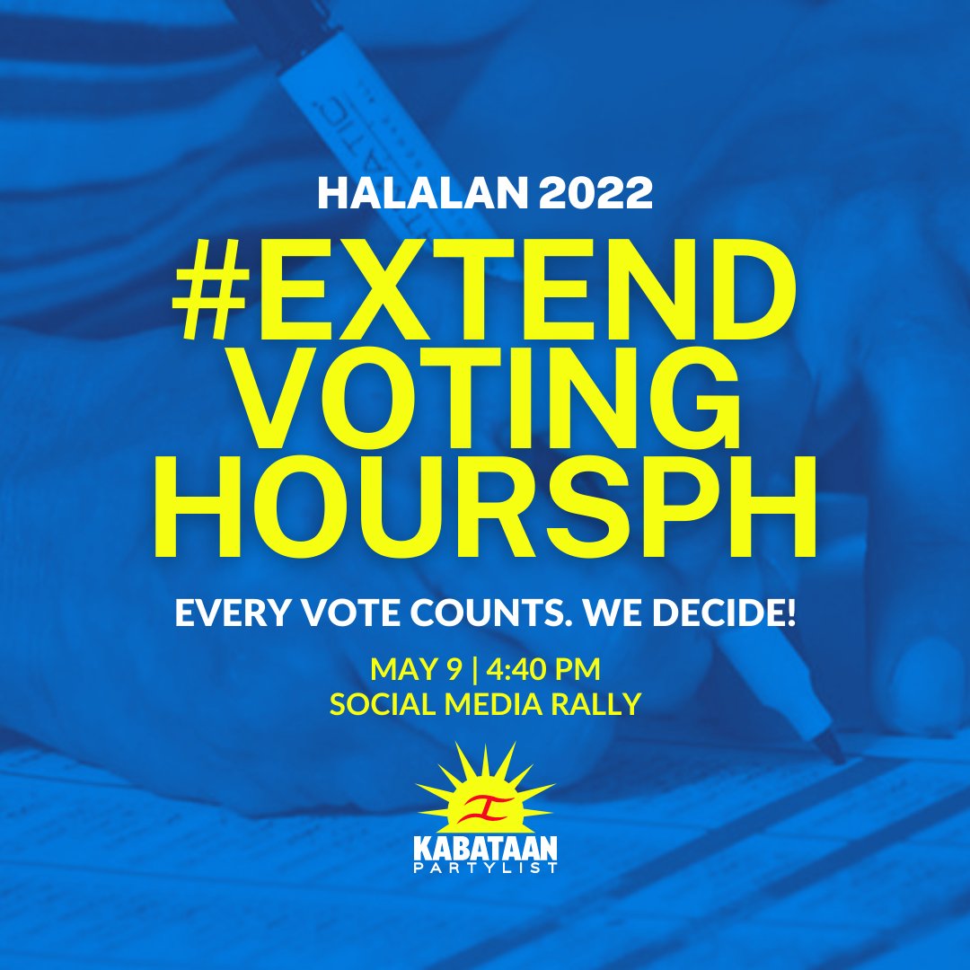KabataanPL's tweet photo. Di makaboto dahil sa sirang vote counting machine? Di mo yun kasalanan.

Filipino voters should not suffer over the failures of the system and the COMELEC itself. 

#ExtendVotingHoursPH Every vote counts. We decide!

Let's make it trend by 4:40 pm in a social media rally https://t.co/GHw1oU1BMj