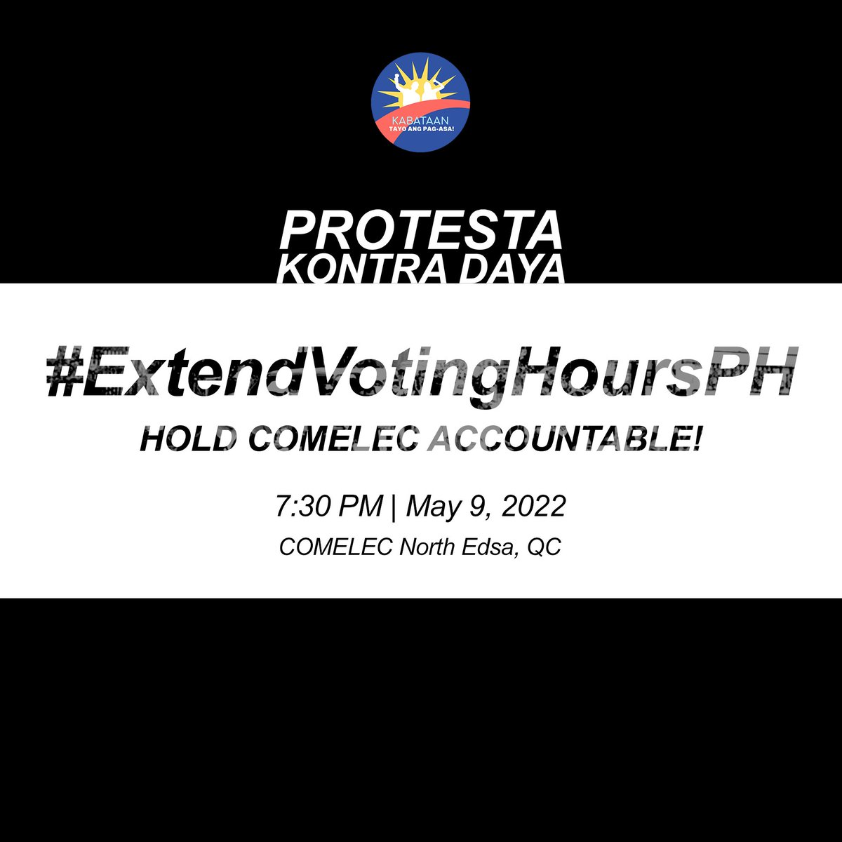 standupdiliman's tweet image. PROTESTA KONTRA DAYA

Bukod sa pagpapalawig ng oras, kailangang panagutin ang COMELEC sa lahat ng anomalyang naganap sa panahon ng halalan. Dumalo sa pagkilos upang protektahan ang ating boto!

7:30PM | MAY 9 | COMELEC North EDSA, QC

#ExtendVotingHoursPH #KontraDaya #Halalan2022