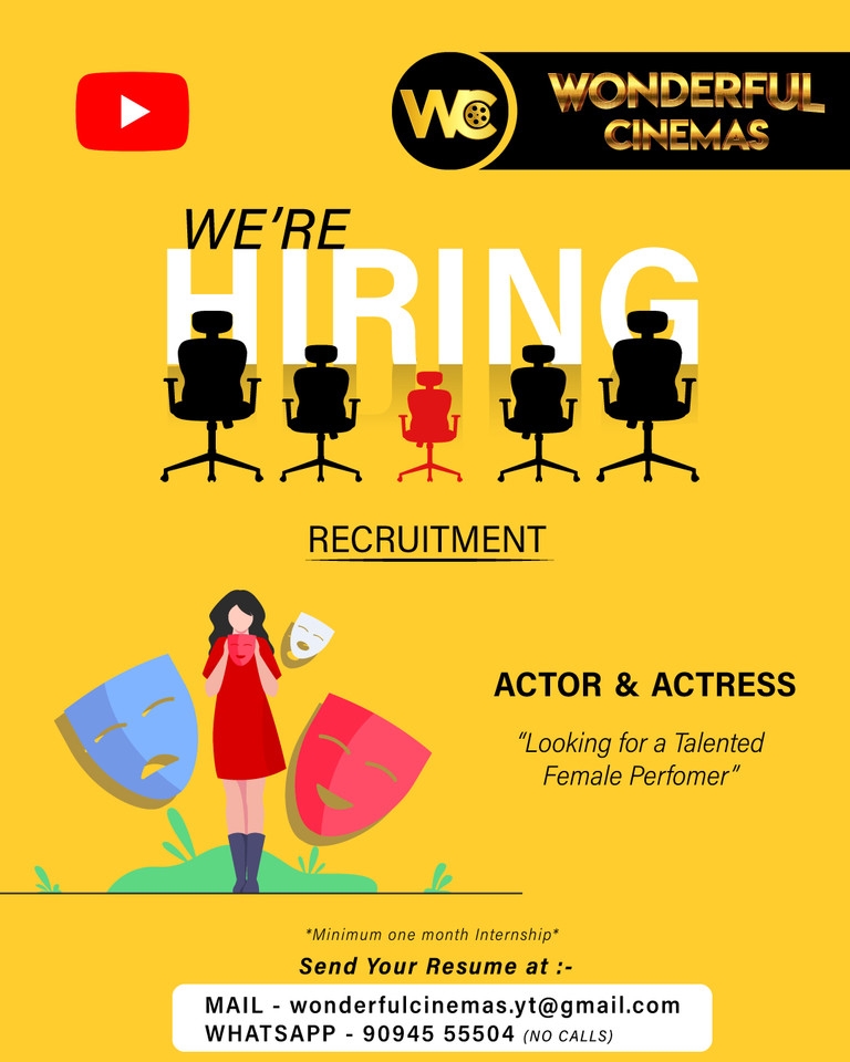WonderfulCinem1's tweet photo. We are Hiring Contact Us : MAIL - wonderfulcinemas.yt@gmail.com | Whatsapp - 90945 55504 (NO CALLS) #hiring #media #tamilcinema #youtube #youtubehiring #VJ #RJ #Actor #Actress #opportunities #hiring #actor #actress #castingcall https://t.co/fwZKdwvpo7