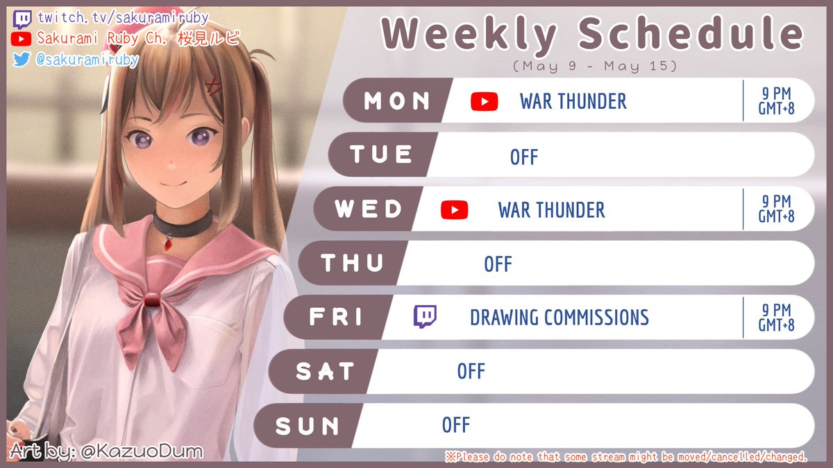 sakuramiruby's tweet photo. ♦️WEEKLY SCHEDULE 05/09 - 05/15♦️
Konruby~ Here's my schedule for this week! Two WT streams,, totally not forced to play it haha..
Art tag: #rubyillust NSFW: #Rubylat
Live tag: #Rubytostream
Clips: #RubidyoClips
Memes: #Rubinsons
#PHVtuber #ENVtuber https://t.co/WKocUZTAhX