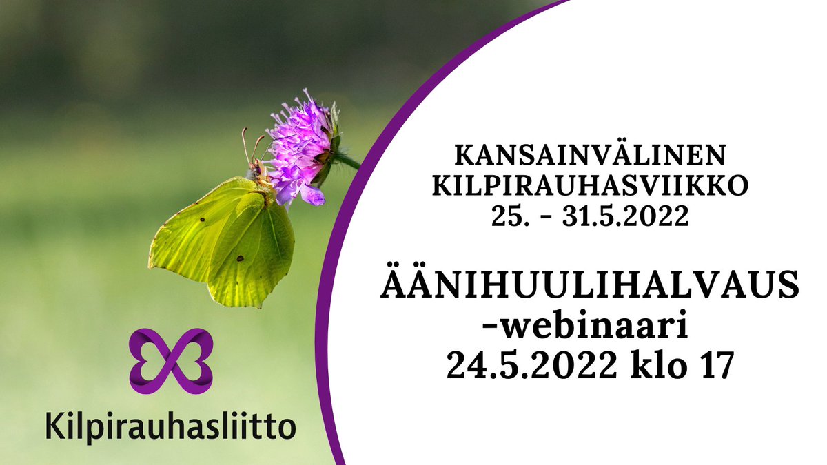 Starttaamme parin viikon päästä kv. kilpirauhasviikkoon  mielenkiintoisella webinaarilla. Foniatrian ylilääkärin Miia Ruuskasen aiheena on #äänihuuliHalvaus. Seuraa: kilpirauhasliitto.fi. 
#kilpirauhassairaudet  #kilpirauhasviikko #thyroidawareness
thyroidweek.org