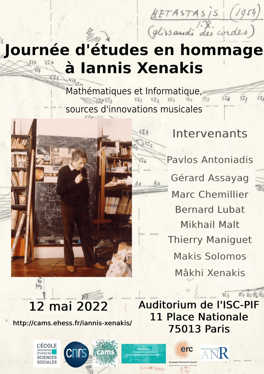 Videodimath's tweet photo. 💻 Ce jeudi 12 mai, suivez en ligne la journée d'études #CAMS_EHESS en hommage à Iannis Xenakis sur le thème "#Mathématiques et #informatique, sources d'innovations musicales".
👉 https://t.co/3FE3pf8Hgp
📍Et sur place à l'auditorium de l'@ISCPIF.
@marcmonticelli @MathsParis https://t.co/zntUuEDAKv