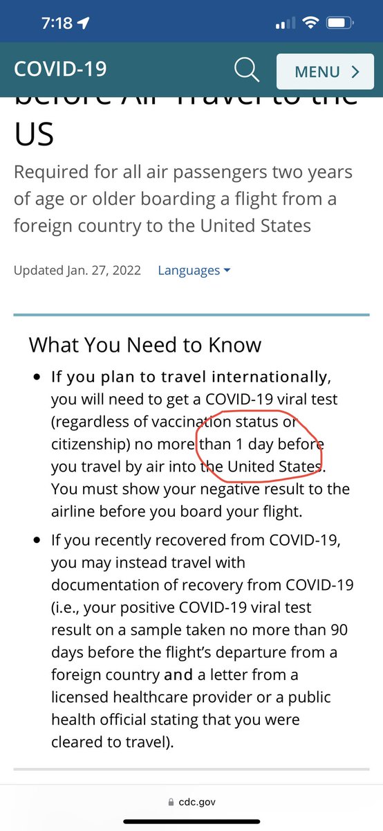 GatelR's tweet photo. @AlphaCastFR Vérifies bien si le test ne demande pas d’être un jour avant et non pas 24h. Pour avoir voyagé aux USA en Avril, les recommendations étaient d’avoir un test PCR d’au moins un jour avant et non pas 24h justement pour éviter ce genre de petit problèmes (différence d’heures &amp; co) https://t.co/c12LcVq8Xt