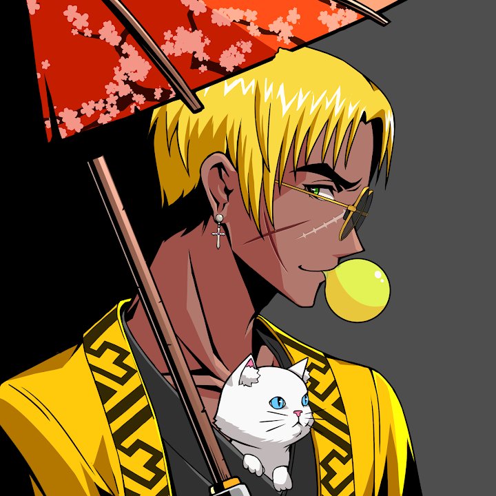 TengokuClub's tweet photo. Spotted at #TengokuClub: Hinata used to be unorthodox, unpredictable and violent, always fighting (we can tell). All changed when he found half-starved Neko Nyan on a cold winter's night. Now: stoic, kind, always in a Kimono. Nyan never leaves his side (we are glad) @KiwamiNFT https://t.co/zTGUvDzTFj