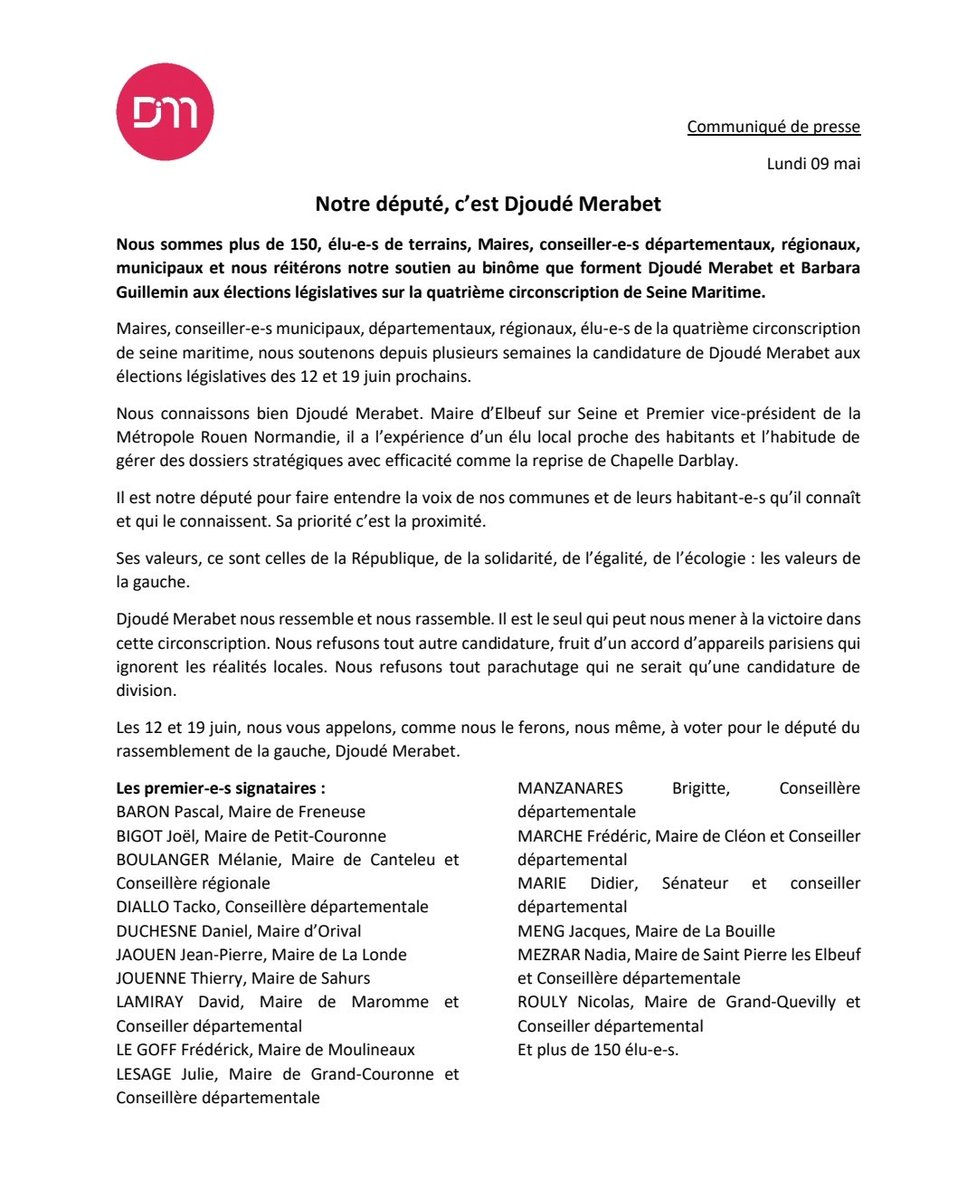 « Djoudé Merabet nous ressemble et nous rassemble. Il sera notre député pour faire entendre la voix de nos communes et de leurs habitants » 🗣️

Retrouvez la déclaration des plus de 150 élus qui soutiennent notre candidature aux #legislatives2022 ✅