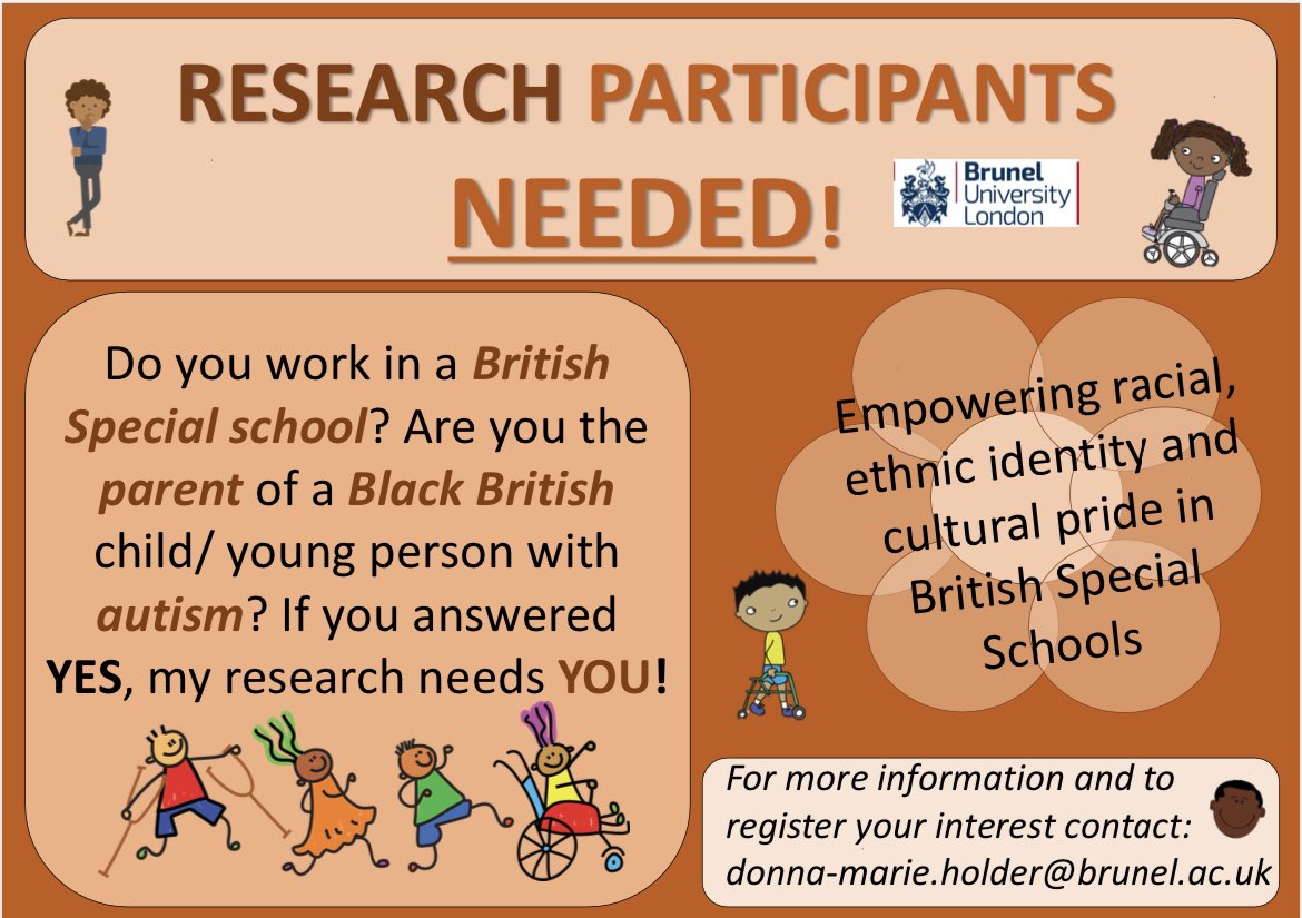 🚨Actively seeking participants for my research! Parents of Black British children/ young people with autism and special school personnel… I NEED YOU! See poster for more info and please share within your wider networks! Thank you 😊 #autismresearch #SEN #raceresearch