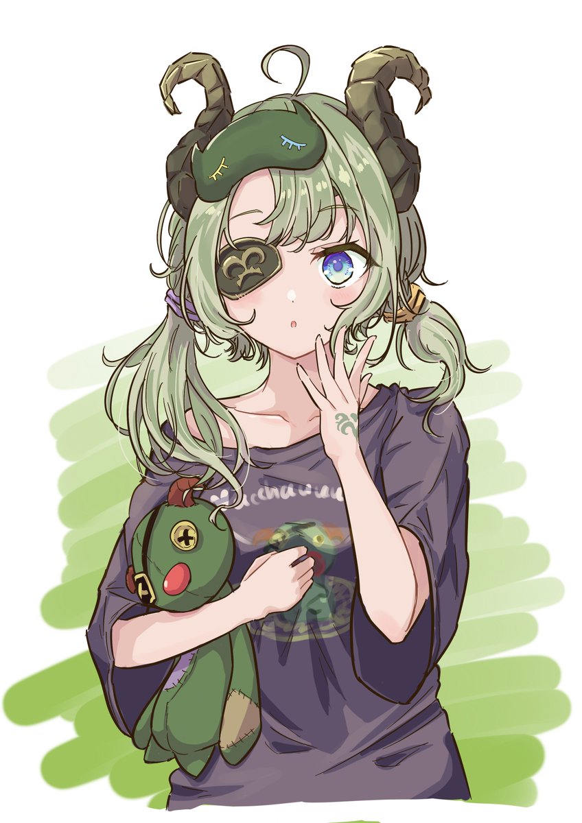 sleep mask 1girl horns solo green hair shirt eyepatch  illustration images