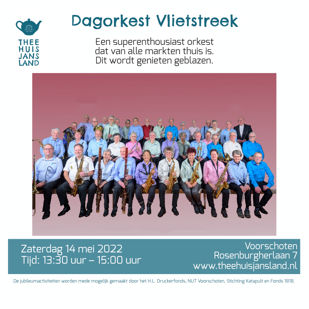 Het is natuurlijk altijd de moeite waard om naar het theehuis te komen, maar zeker a.s. zaterdag. Dan treedt Dagorkest Vlietstreek bij ons op. Het orkest viert net als het theehuis de 10e verjaardag.