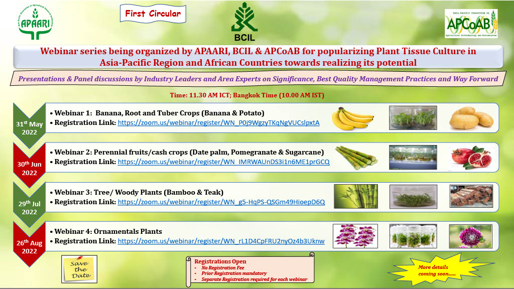 rishityag's tweet photo. Contd.
Webinar Series for Popularizing Plant Tissue Culture 
3. July 29, 2022: Tree/ Woody Plants 
Reg. Link: https://t.co/CqRX9CxNay
4. August 26, 2022: Webinar 4: Ornamentals Plants
Reg. Link: https://t.co/8paTScDIw0

Organizers: @APAARI @Biotech4India @APCoAB https://t.co/I5OlgRHEXX