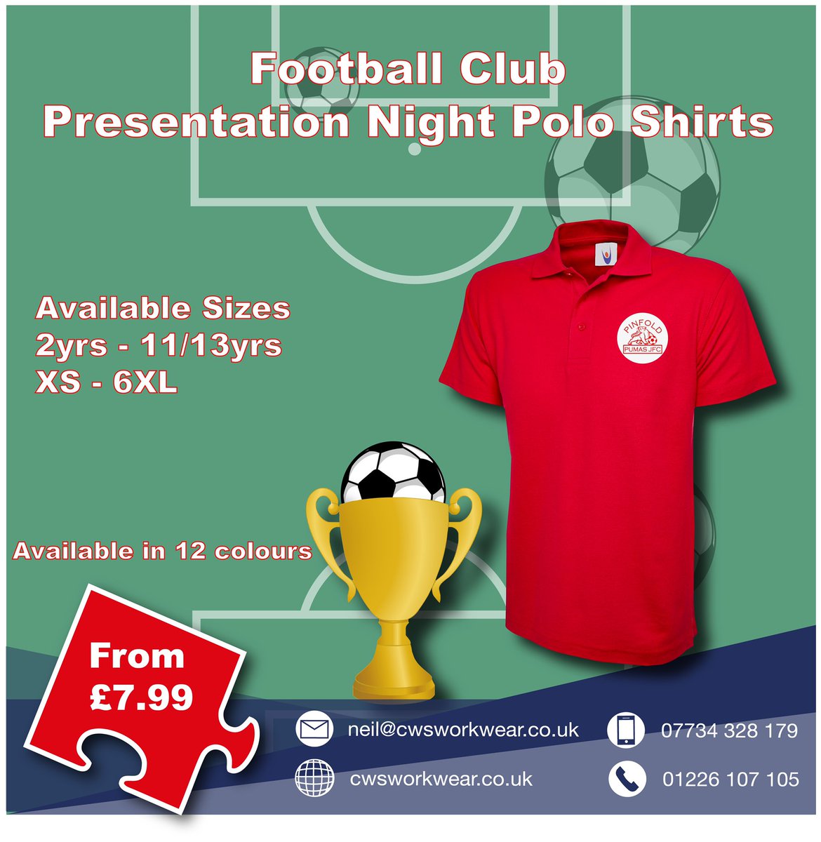 Cws_workwear's tweet photo. Does your football club need polo shirts for your presentation night? We can print or embroider your club badge. Get in touch for more information.
https://t.co/YIepfaXCCt. #barnsleyfc #barnsleyis. #grassrootsfootball #barnsleyjuniorleague https://t.co/jHrkzevnt7