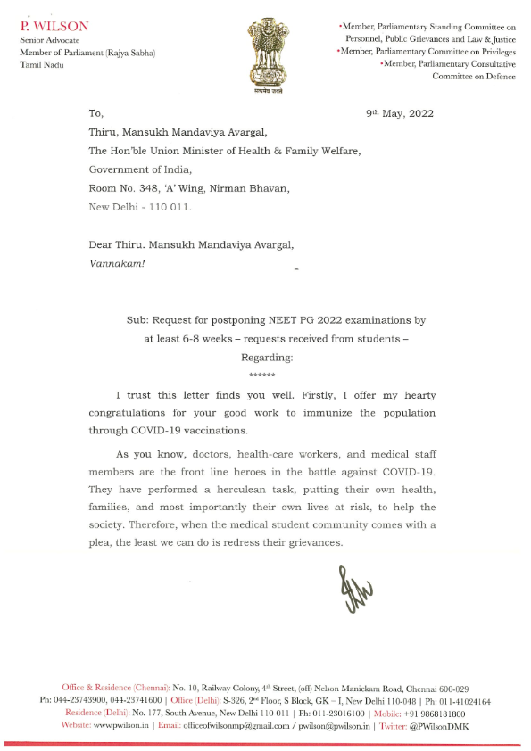 arivalayam's tweet photo. "Postpone #NEETPG 2022 examination by 6 to 8 weeks"

- Thiru @PWilsonDMK MP., letter to the Hon’ble Union Minister of Health and Family Welfare Thiru @mansukhmandviya

#DMK https://t.co/Tr4sHfwhDe