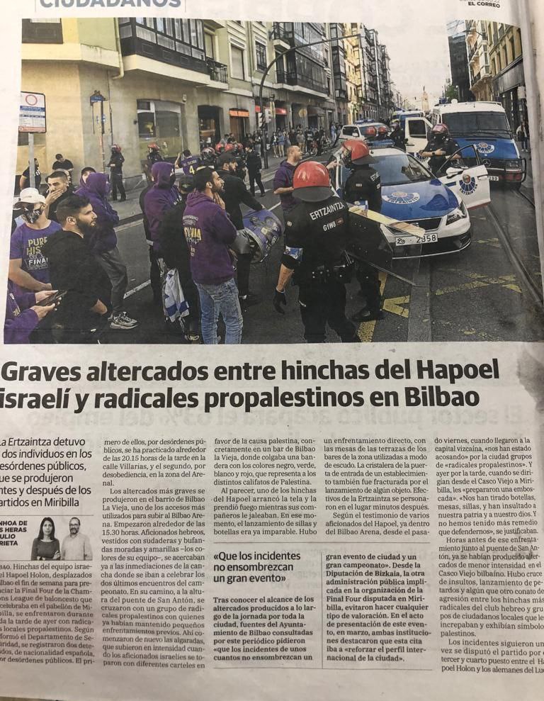 TxindurriG's tweet photo. ⚠️ Los hechos: el viernes 500 hooligans sionistas llegan a Bilbo. El domingo hacen una manifestación no autorizada por el Casco Viejo y Bilbo Zaharra, atacan e insultan a las vecinas y destrozan el bar Amets, culpable de tener una bandera palestina.

Los "medios de comunicación": https://t.co/8graZHd5L9
