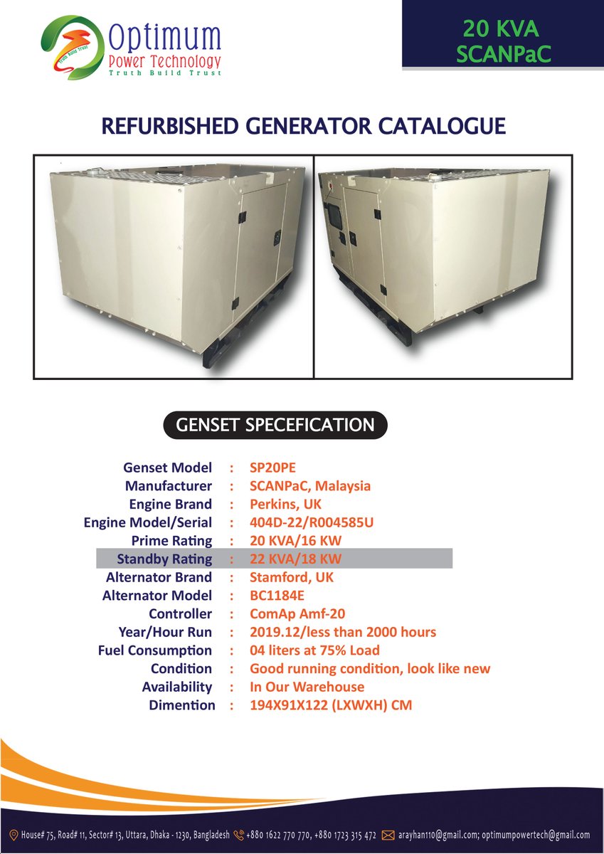 Optimumpowertec's tweet image. #20KVA #PERKINS #Generator
#Refurbished - 20 KVA Perkins, UK
Call for Price 
For further information, inspection and test run, please contact-
Cell- +8801622770770 (WhatsApp)
E-mail: optimumpowertech@gmail.com