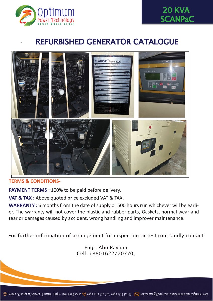 Optimumpowertec's tweet image. #20KVA #PERKINS #Generator
#Refurbished - 20 KVA Perkins, UK
Call for Price 
For further information, inspection and test run, please contact-
Cell- +8801622770770 (WhatsApp)
E-mail: optimumpowertech@gmail.com