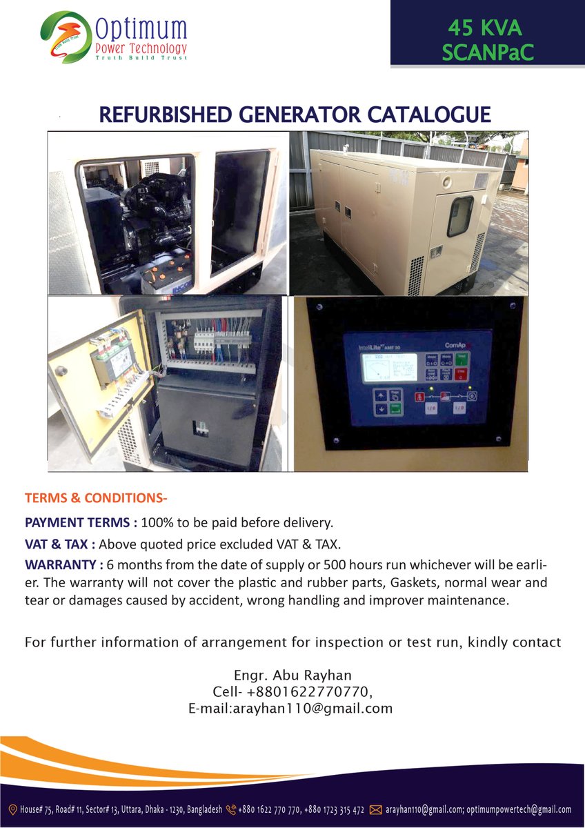 Optimumpowertec's tweet image. #45KVA #PERKINS #Generator
#Refurbished - 45 KVA Perkins, UK
Call for Price 
For further information, inspection and test run, please contact-
Cell- +8801622770770 (WhatsApp)
E-mail: optimumpowertech@gmail.com