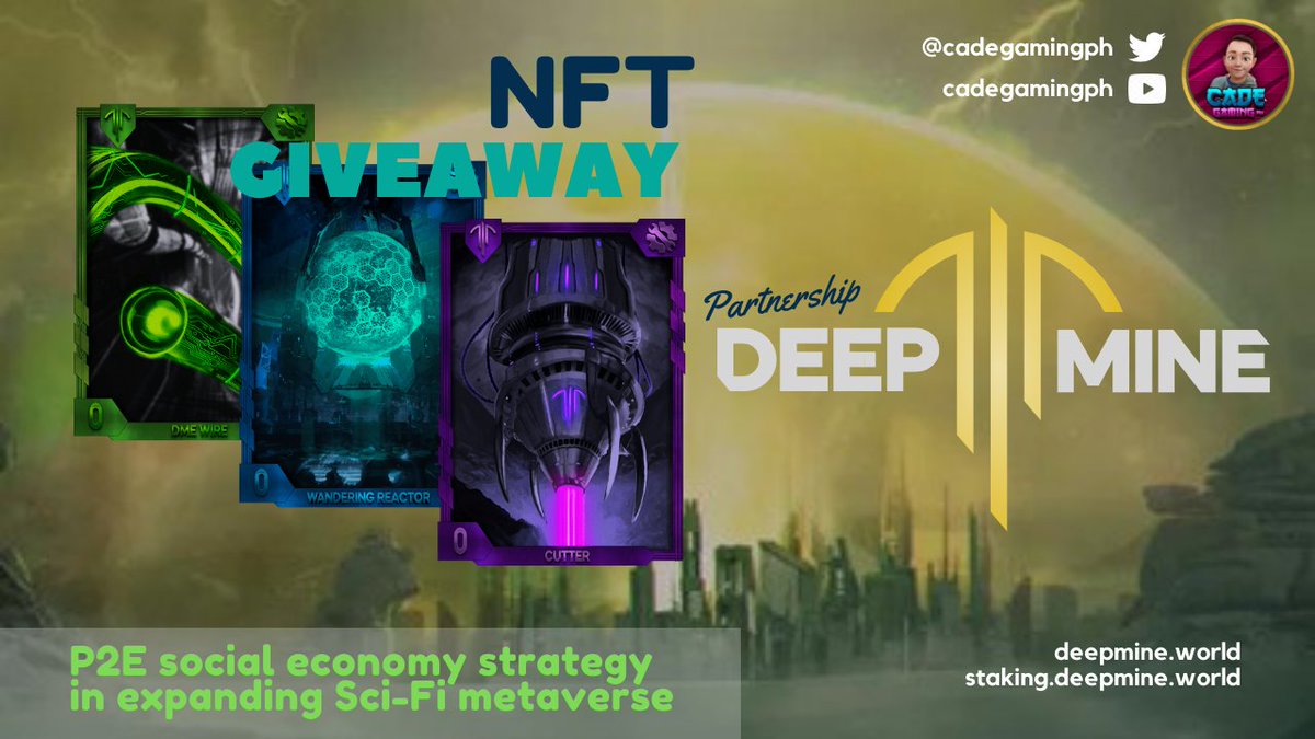 cadegamingph's tweet image. 🎁 #NFTGiveaway Let's go!

1 X Winner of Cutter
1 X Winner of Wandering Reactor
1 X Winner of DME Wire

⦿ Follow @DeepMineWorld &amp;amp; Me
⦿ ❤️-RT &amp;amp; Tag 3 Friends
⦿ Join discord discord.gg/qQ9rKBxUex
⦿ ✍️ WAX wallet and discord ID

About: deepmine.world

⏱️ Ends 72 hours