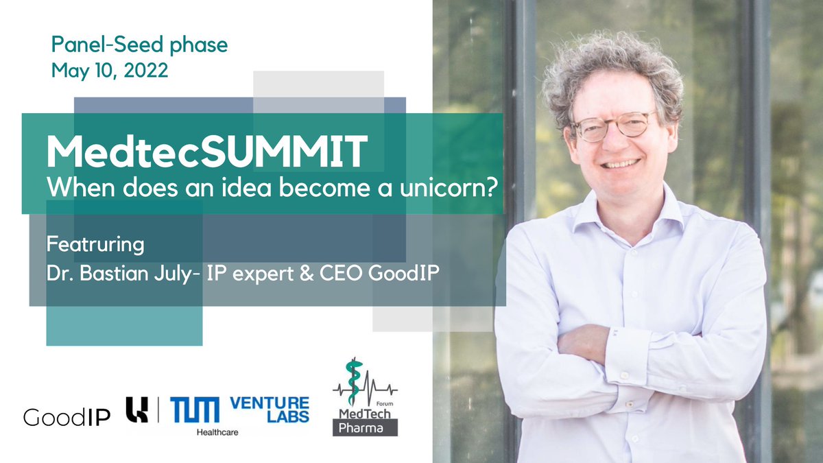 GoodIPGmbH's tweet photo. 📢 Tomorrow, Tuesday, May 10th, our CEO Bastian July will have the pleasure of speaking on the @MedtecSUMIT aimed at startups from the health tech and life science sectors looking to become a unicorn- For more information: https://t.co/r51d6Kgzsq  

#bayerninnovativ  #startups https://t.co/OYEFwrNM5r