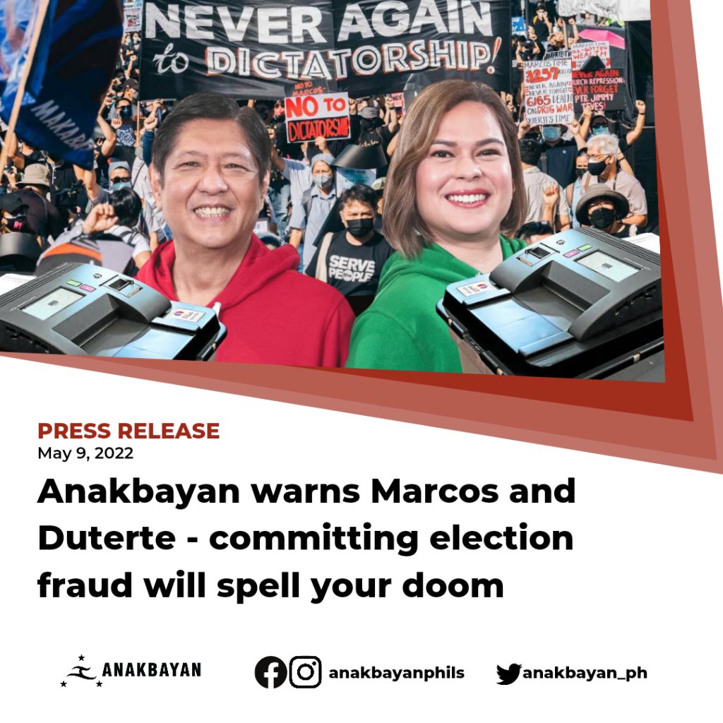 anakbayan_ph's tweet image. &quot;The 2022 elections is a dirty exercise committed by an equally dirty COMELEC. The volume and expanse of cases of electoral fraud and violence show that the Marcos-Duterte tandem is hell-bent in wrestling its way into power.&quot; - @JeannMiranda_AB, Anakbayan National Chairperson