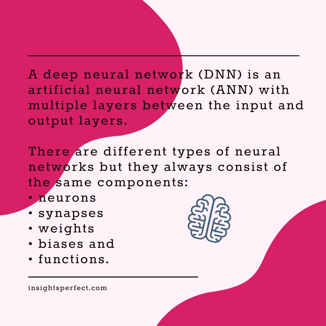 InsightsPerfect's tweet photo. A #deep #neuralnetwork (#DNN) is an artificial neural network (#ANN) with multiple #layers between the #input and #output layers. There are different types of neural networks but they always consist of the same components: 
#neurons
#synapses
weights
biases and 
#functions. https://t.co/lbop4D3RFs