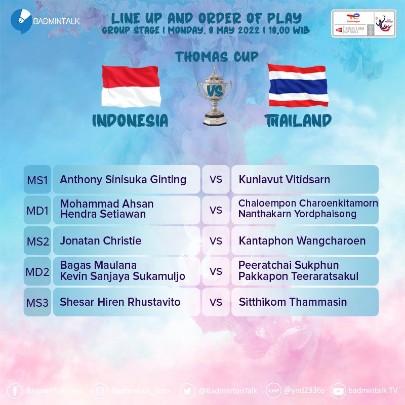 BadmintonTalk's tweet photo. Line Up and Order Of Play 

Group Stage - #ThomasCup2022

INA VS THA
Monday, 09 May 2022
19.00 WIB

Bagaimana prediksi kalian untuk pertandingan ini?

#TUC2022 https://t.co/MR6GVbITQ2