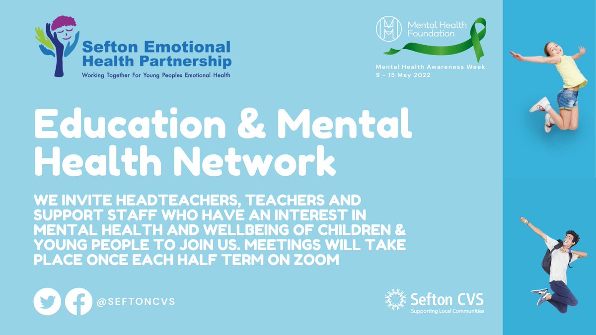 #MHAW22 | Education and Mental Health Network

In partnership with Growing Together Sefton - Emotional Health Partnership our new virtual network welcomes professionals working in education settings to join us and share good practice.

Find out more: bit.ly/3sfT71m