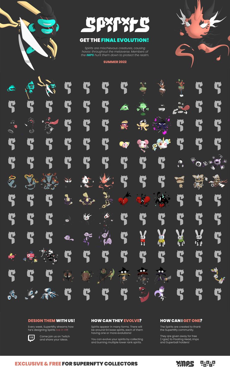 SuperNfty's tweet photo. I could use some inspiration! What kind of spirits are we still missing in Spirits Gen 1? ✨

If I use your idea I'll send you an Imp. 😈 https://t.co/GamXHTnZE3