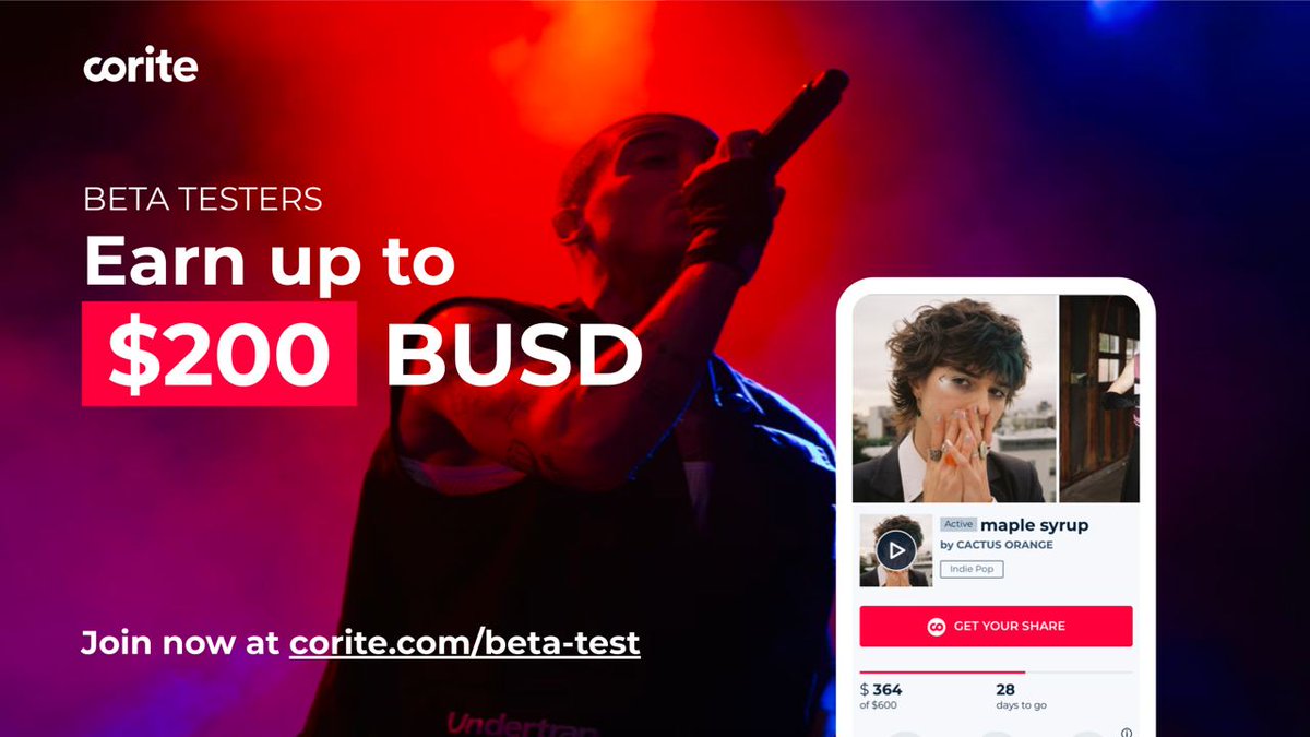 SmartCryptoNew1's tweet photo. 🫶🌟 @Coritecom allows fans to support their favorite artist
🫶 🌟 #Corite beta testing is now open
💫 Register and connect your #MetaMask wallet
💫 Throw a song on the platform
💫 Get $10 or $200 in $BUSD on 20th May 2022
🔽INFO
https://t.co/oVXcSF0YCV
#SCN1 $CO #Coritecom https://t.co/LAHZyKFnzG