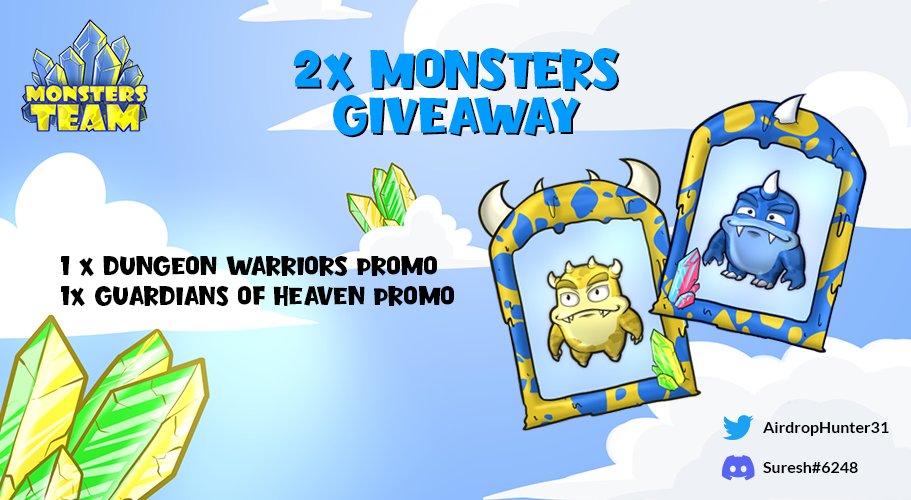 Crypto_Suresh_'s tweet photo. 2x Monsters Giveaway by @_Monsters_Team 🎁 

To Join:

1️⃣ Follow me &amp; @_Monsters_Team
2️⃣ ❤️+ RT &amp; Tag 3 friends
3️⃣ Comment Wax Address
4️⃣ Discord - https://t.co/MYDNPiX3cF

⌚End 72 Hours
🙂Good Luck

#WAXP #NFTCommunity #NFTdrop #NFTGame #Giveaways #FreeNFT #NFTProject #P2E https://t.co/99vu1276uu