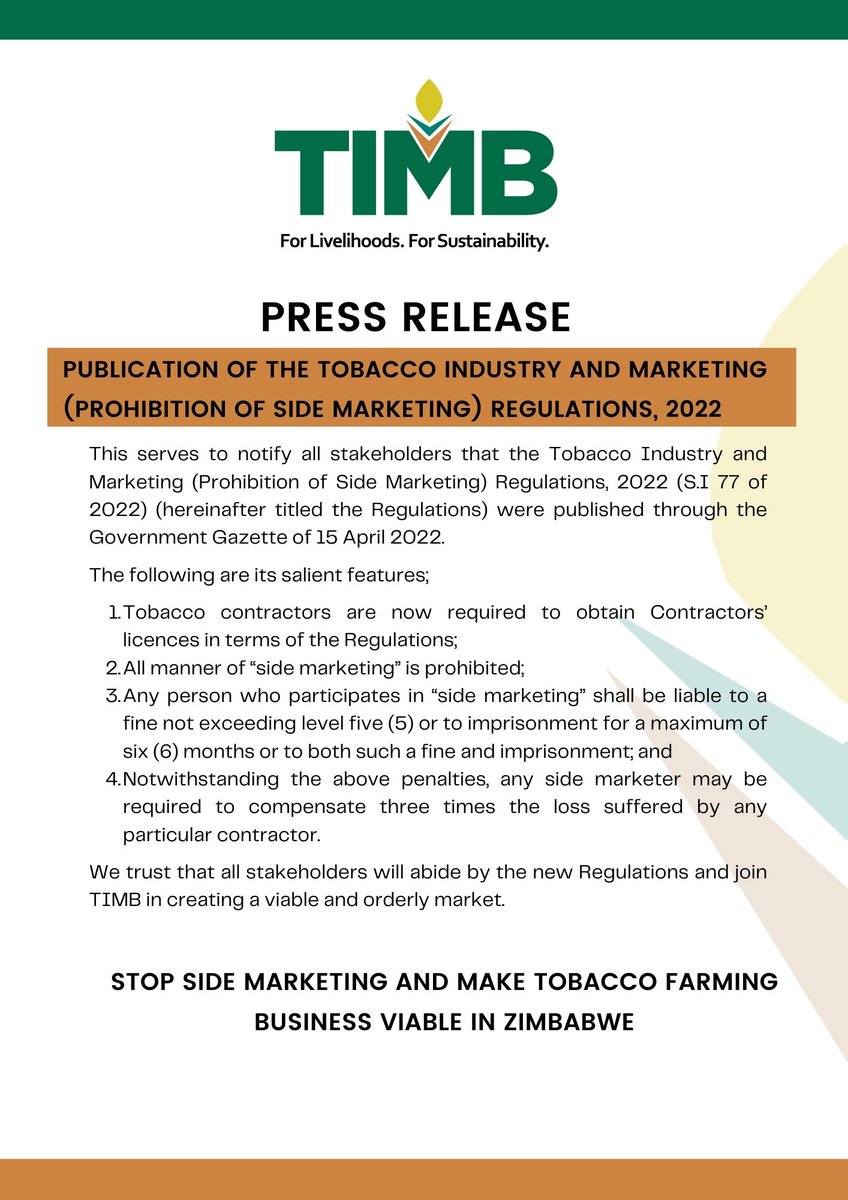 timb_zw's tweet photo. Publication of S.I. 77 of 2022 prohibiting tobacco side marketing. https://t.co/ZDOuzDA0IJ